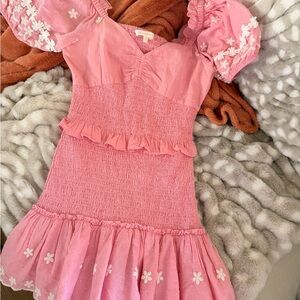 LoveShackFancy Pink Smocked Floral Puff-Sleeve Dress Xs